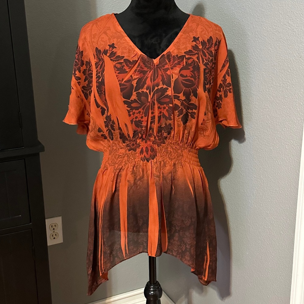 Dressbarn Petite Blouse PL Orange Sheer Floral Smocked Waist Boho Festival Top
